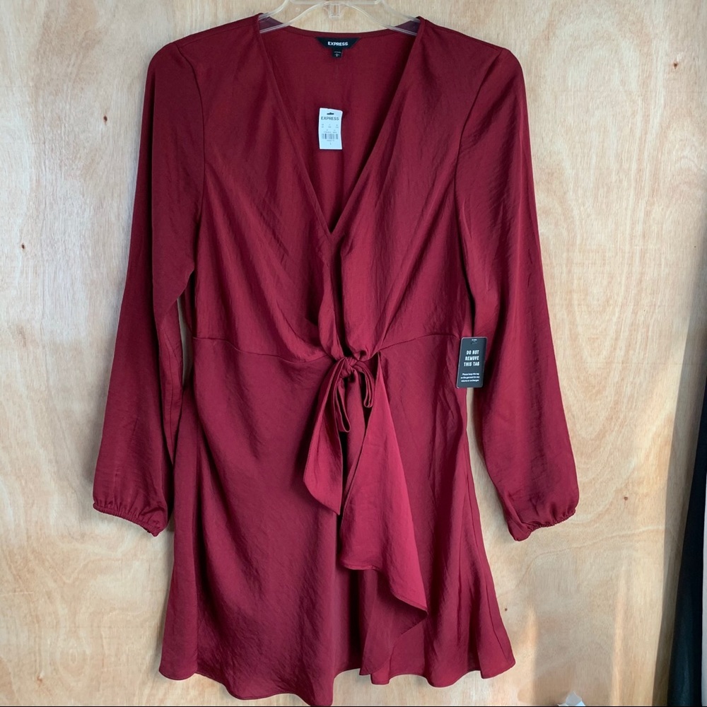 **NEW Express Long Sleeve Faux Wrap Satin Dress